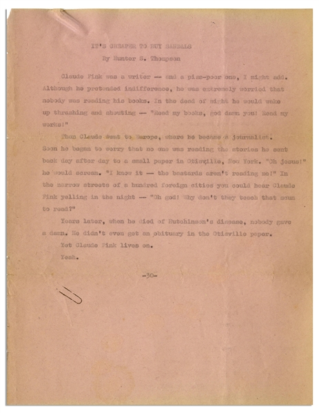Hunter Thompson Typed Story Featuring His ''Claude Fink'' Protagonist -- Also With an Autograph Letter Signed, ''...It appears I am once again headed for fatherhood...a bad joke IS funny once...''
